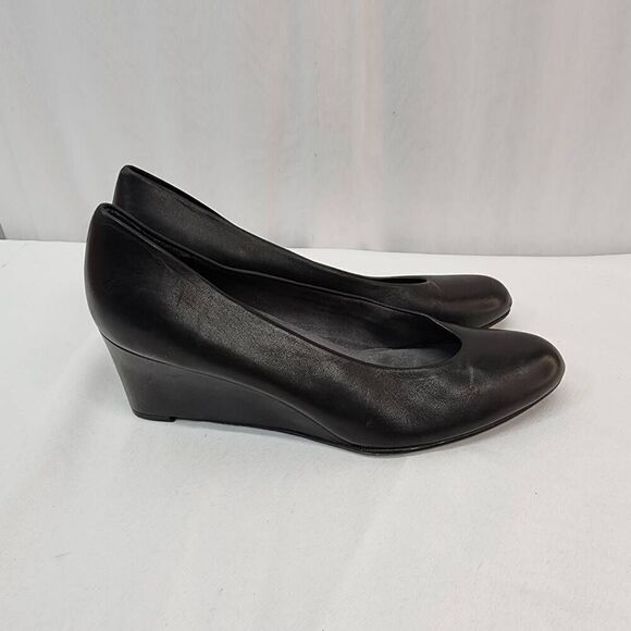 Stuart Weitzman Size 8 Black Leather Women's Wedge Slip On Almond Toe Heel Pumps - Picture 3 of 10